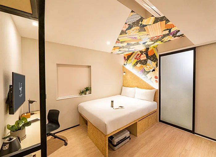 lyf Tenjin Fukuoka ห้องขนาดเล็กที่ออกแบบให้ใช้ shared space เป็นส่วนหนึ่งของการเข้าพัก