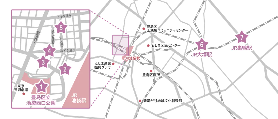 แผนที่สนามจัดงานอย่างเป็นทางการของ Tokyo Yosakoi ที่อิเคบูกุ ใช้สำหรับดูตำแหน่งของ 5 สนามในอิเคบูกุและสถานที่จัดงานหลักที่โอโตซึและซาโนะกามิ